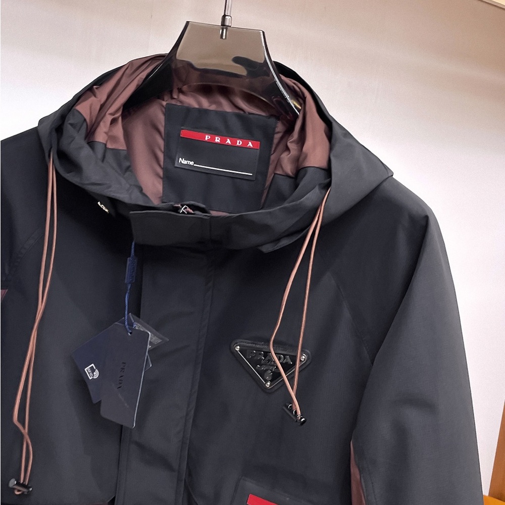 Prada Black Raincoat with Burgundy Trim and Hood - Picture 4 of 14